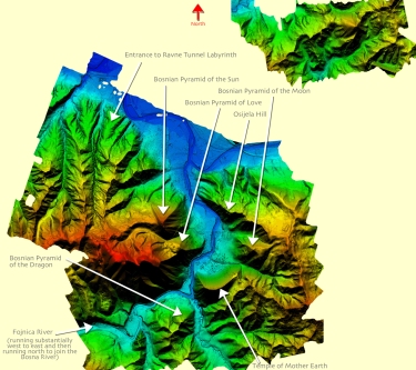March 2015 LIDAR ("light-radar") satellite scan of the Bosnian Valley of the Pyramids in the Visoko, Bosnia area.